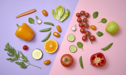 パプリカやミニトマト、オレンジやえんどう豆などビタミンを連想する野菜たち