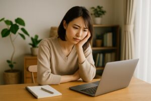 パソコンを見ながら頬杖をつく女性