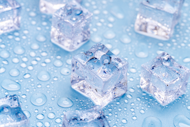 青いトレーに氷が載せてある様子